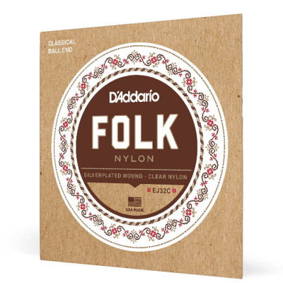 D'ADDARIO EJ32C FOLK NYLON Ball End Silver Wound / Clear Treble струни для класичної гітари